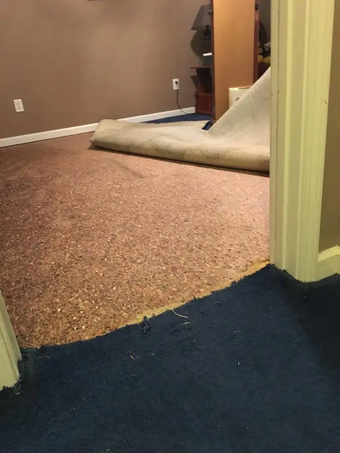 Carpet pad removal revealing water damage during Drying & Dehumidification in Forney